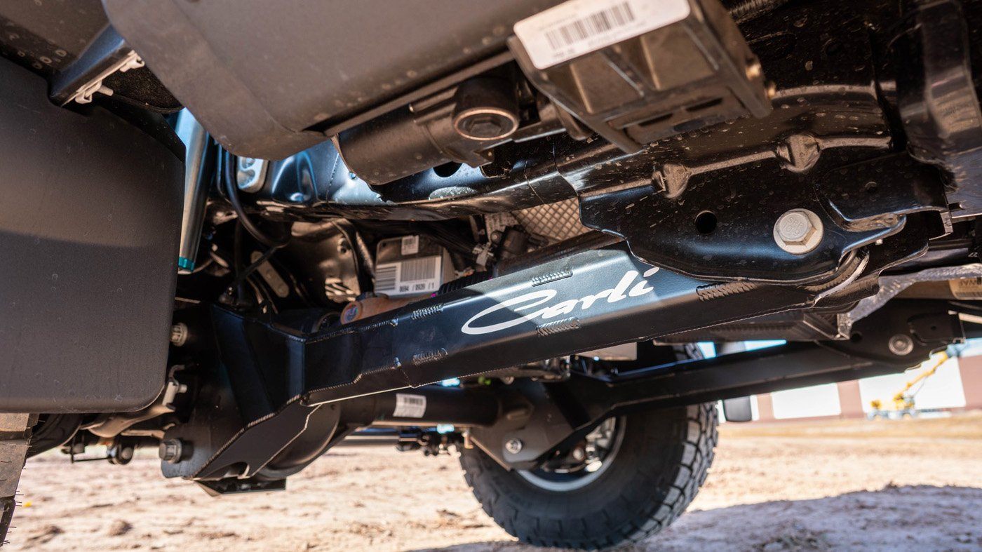 2023-2024 Ford F250/350 Carli Suspension Fabricated Radius Arms for 3.5" Lift Close-up Display on vehicle