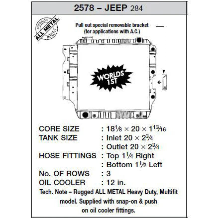 87-04 Jeep Wrangler (3 ROW Copper Core) Radiator Front View