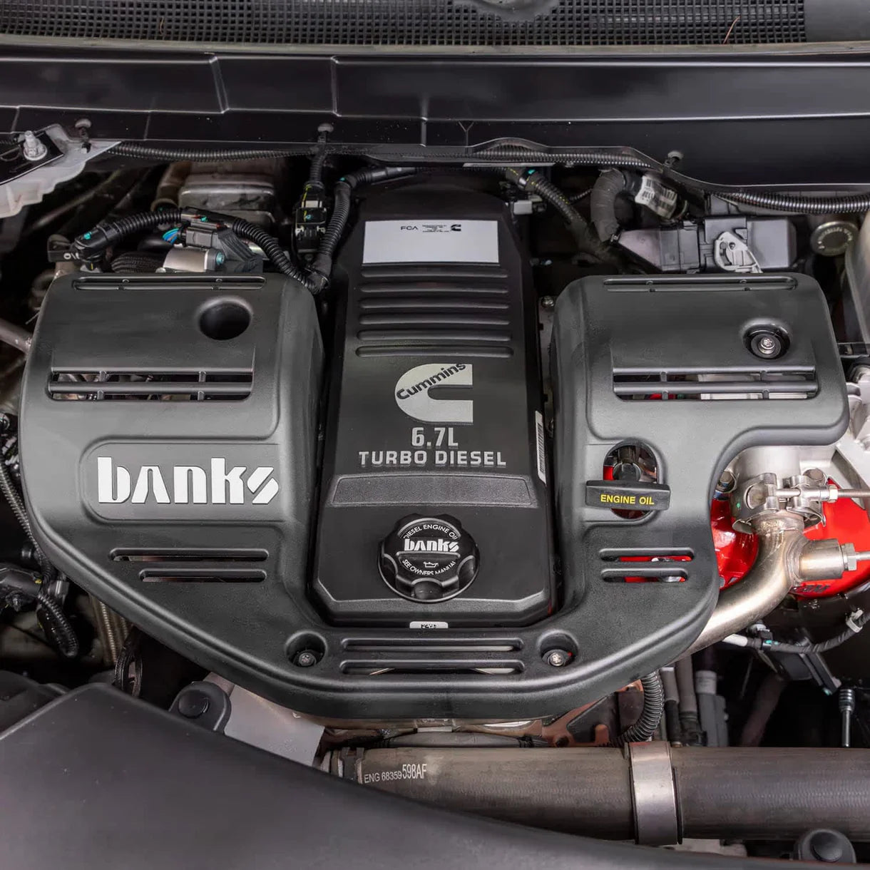 Banks Engine Cover with Revolver Billet Oil Cap For 2007.5-2024 RAM 6.7L with Monster-Ram Installed