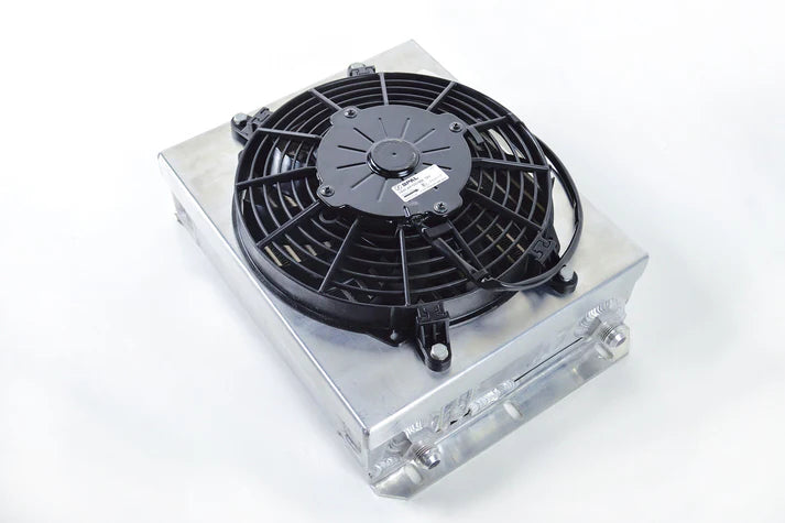 13.8in x 10in Dual Fluid Bar & Plate HD Oil Cooler w/9in SPAL Fan Front View