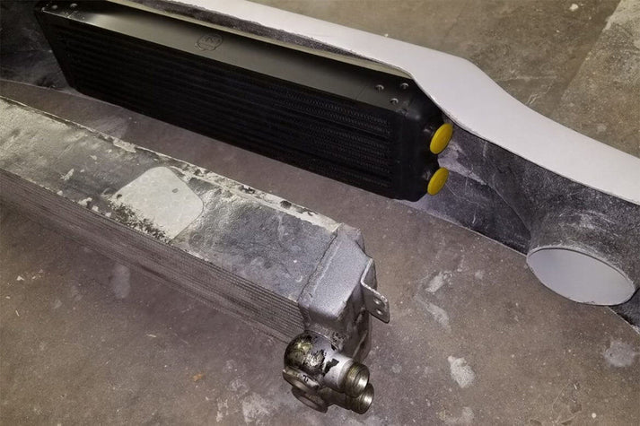 Universal Dual-Pass Oil Cooler / IROC Porsche / M22x1.5 / 24L x 5.75H x 2.16W Front View