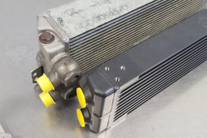 Universal Dual-Pass Oil Cooler / IROC Porsche / M22x1.5 / 24L x 5.75H x 2.16W Front View