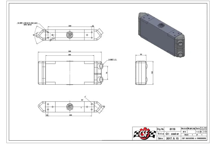Universal Dual-Pass Oil Cooler - M22 x 1.5 connections - 13L x 4.75H x 2.16W Front View