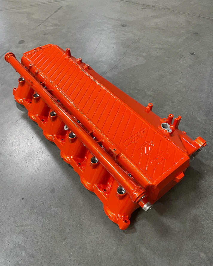 A90 Supra / BMW B58 Charge-Air Cooler Manifold Front View Orange