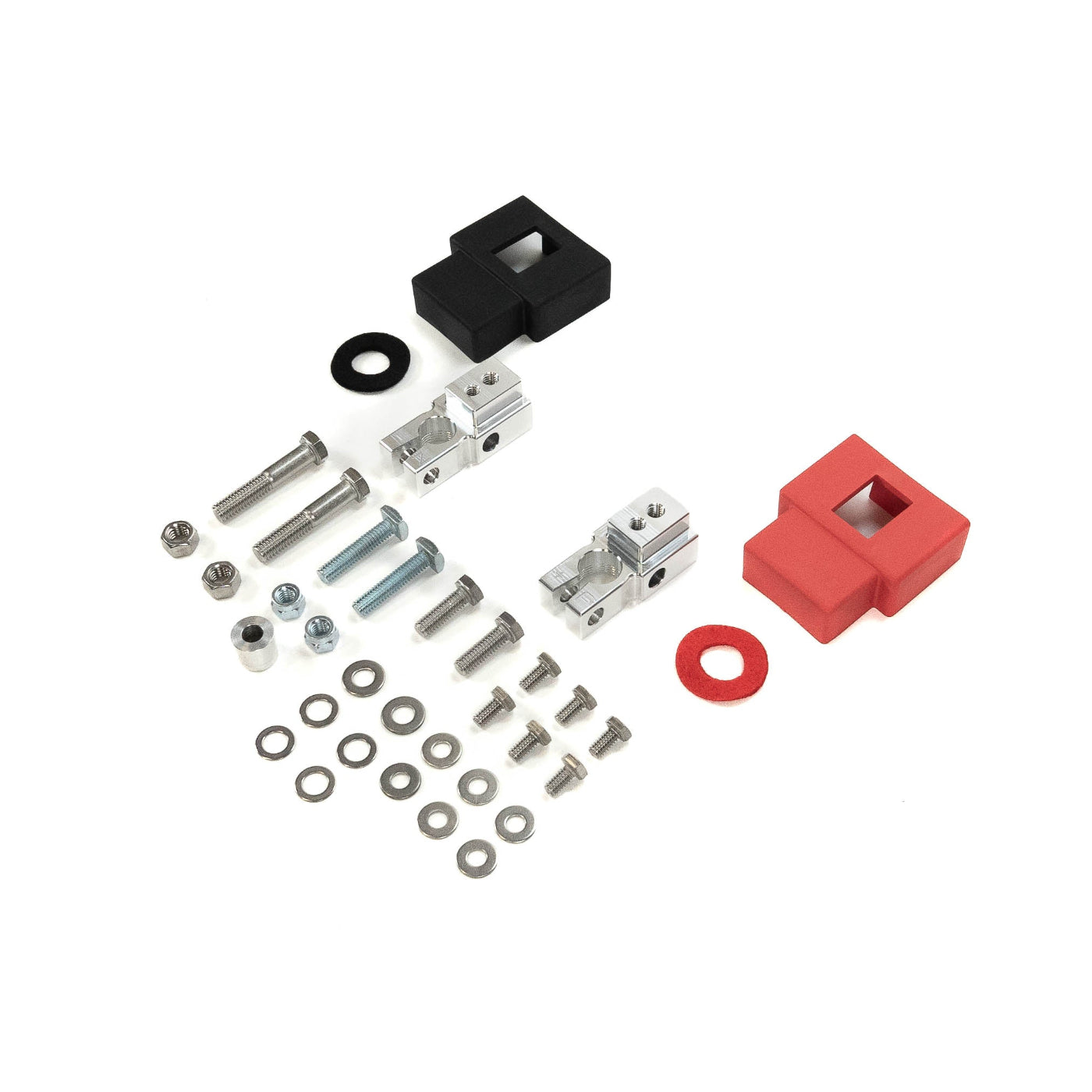 SDHQ Built Complete Billet Battery Terminal Kit display of included parts and hardware
