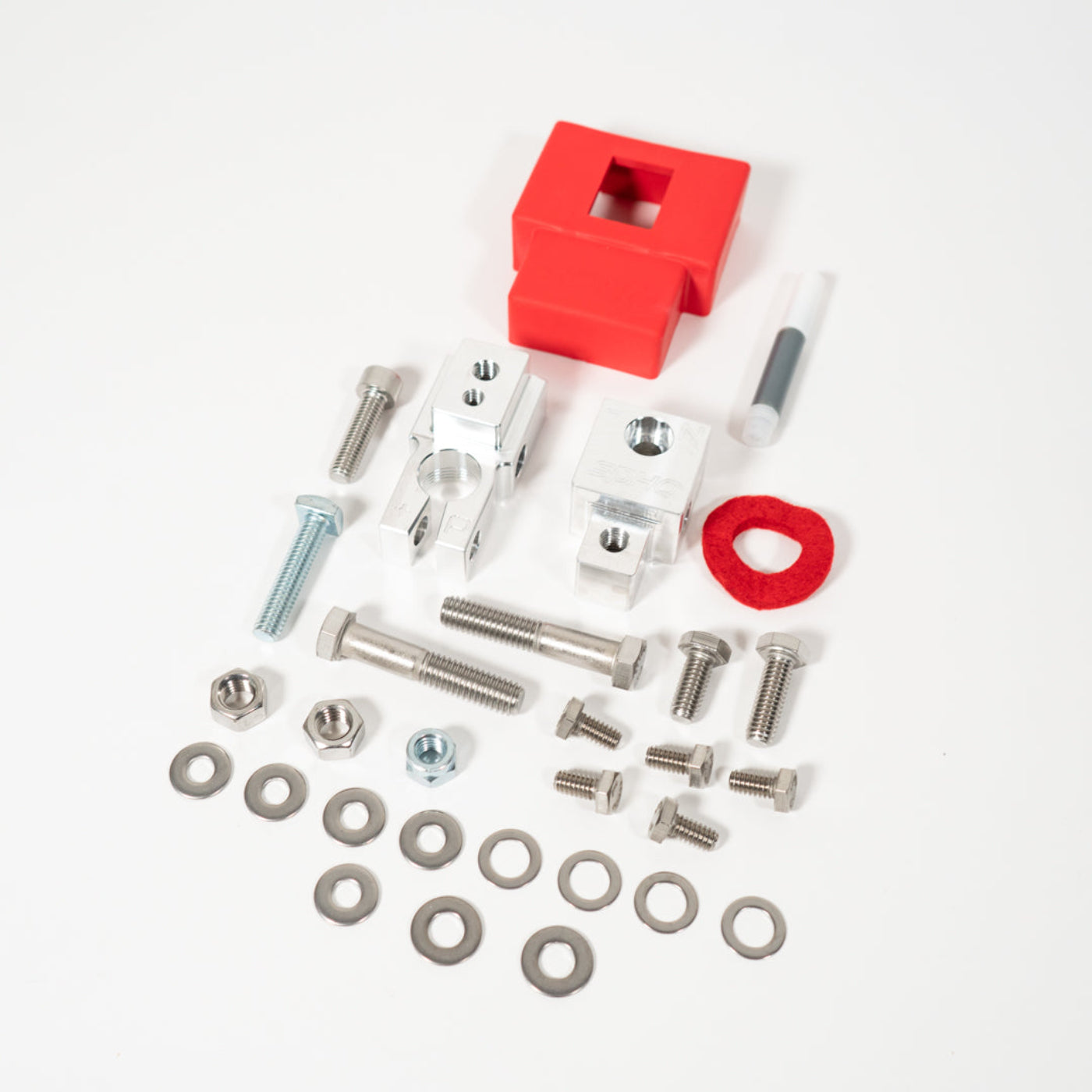 SDHQ Built Billet Battery Terminal/Distribution Kit display of included parts and hardware
