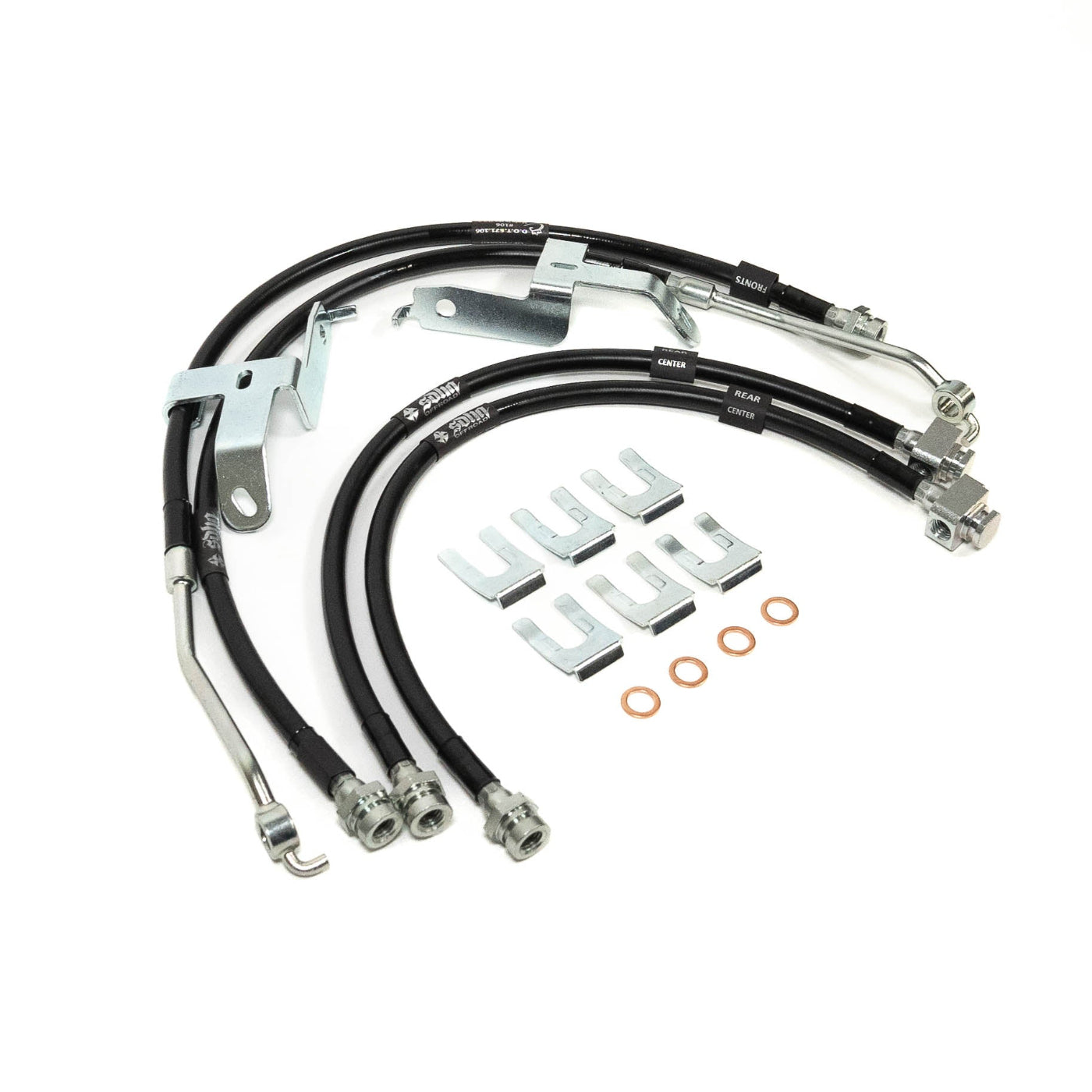 '21-24 Ford Bronco SDHQ Brake Line Kit display of included parts and hardware