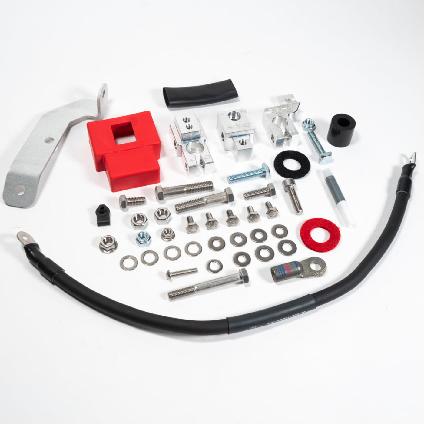 2015-2025 Ford F150/Raptor Complete Billet Battery Terminal Kit display of included parts and hardware
