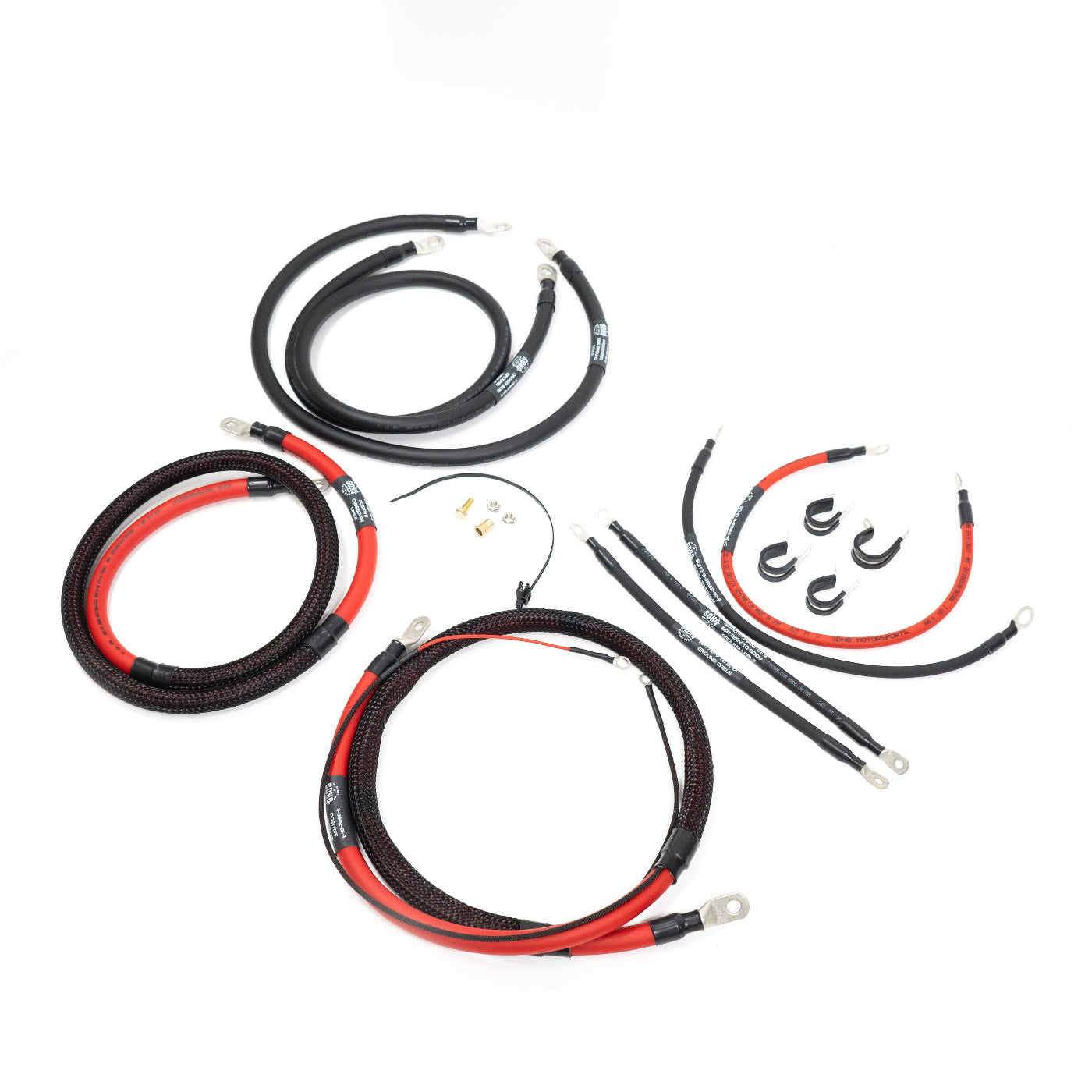 SDHQ Built '95-02.5 Ford 7.3L F250/F350/Superduty Billet Battery Terminal Upgrade Kit display of included parts and hardware