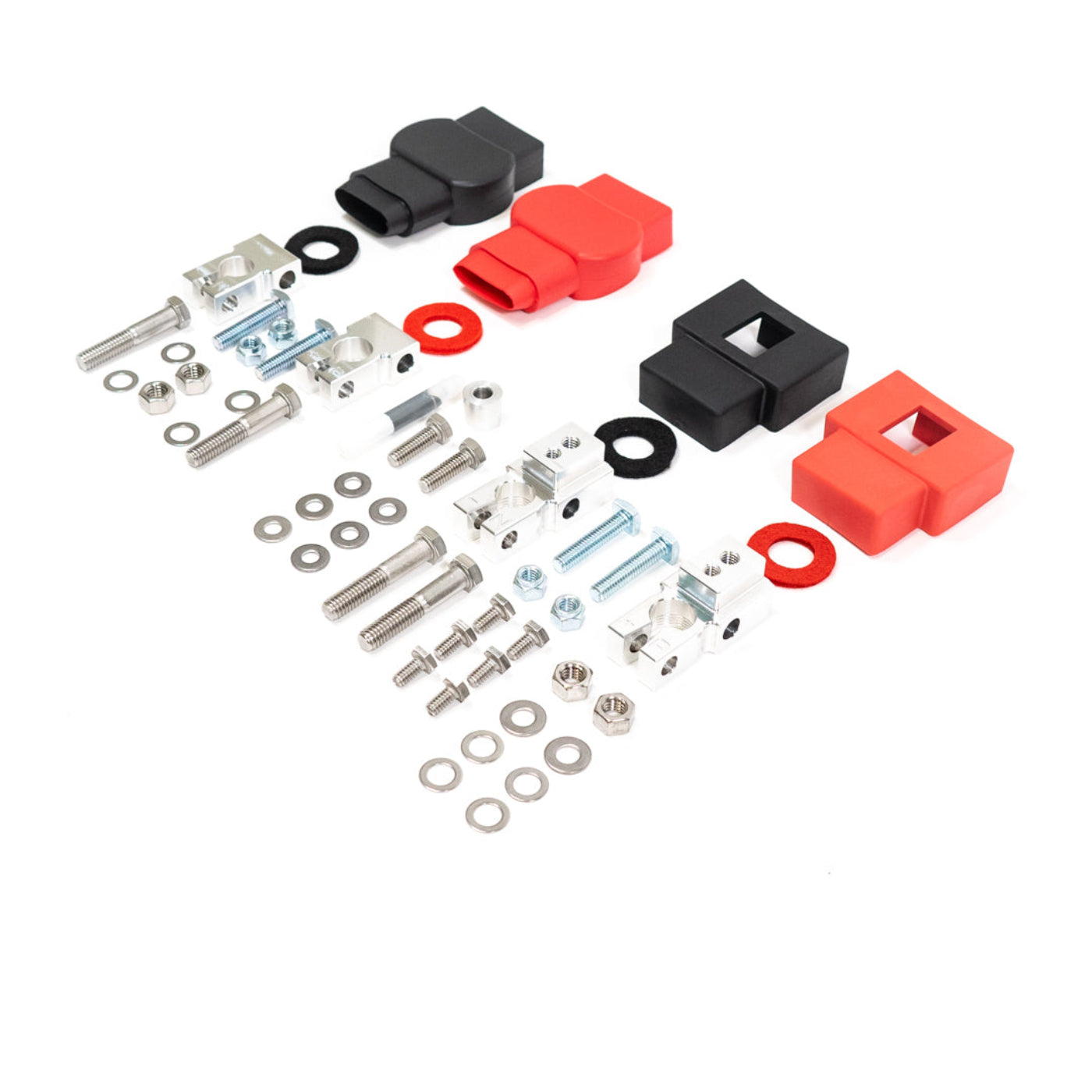 SDHQ Built '95-02.5 Ford 7.3L F250/F350/Superduty Billet Battery Terminal Upgrade Kit display of included parts and hardware