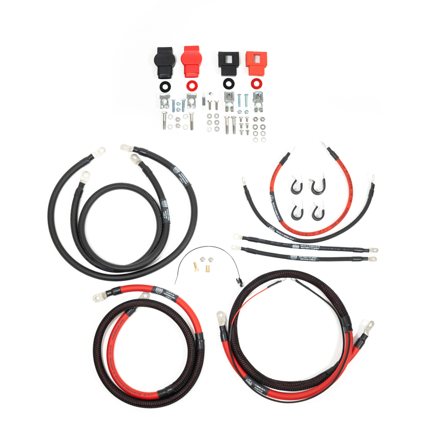 SDHQ Built '95-02.5 Ford 7.3L F250/F350/Superduty Billet Battery Terminal Upgrade Kit display of included parts and hardware