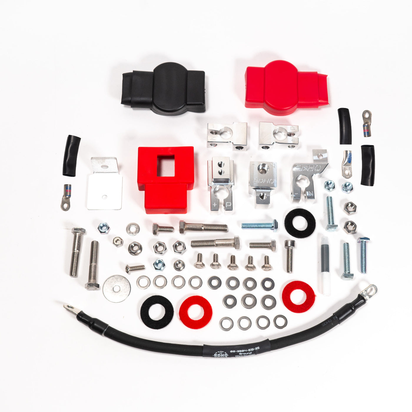 2023-2025 Ford F250/F350 Billet Dual Battery Terminal Upgrade Kit display of included parts and hardware