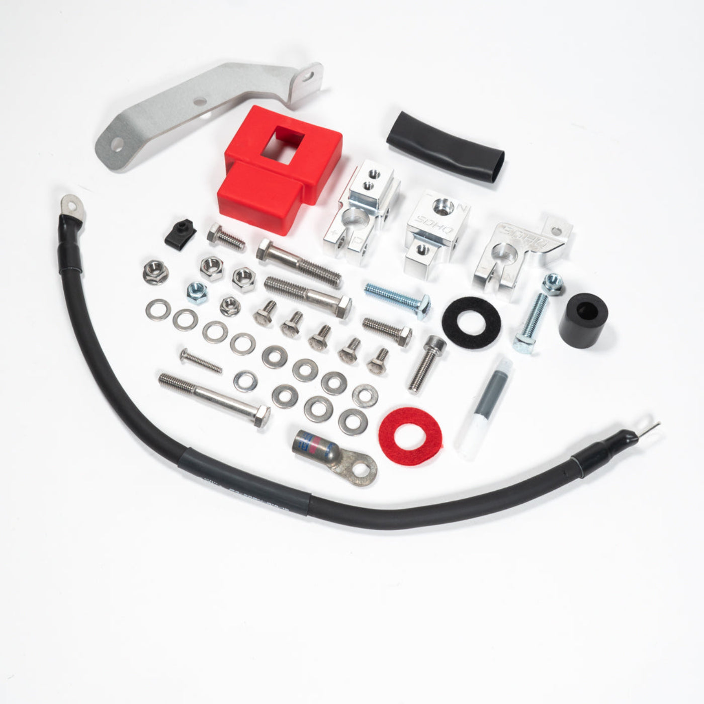 2015-2025 Ford F150/Raptor Complete Billet Battery Terminal Kit display of included parts and hardware