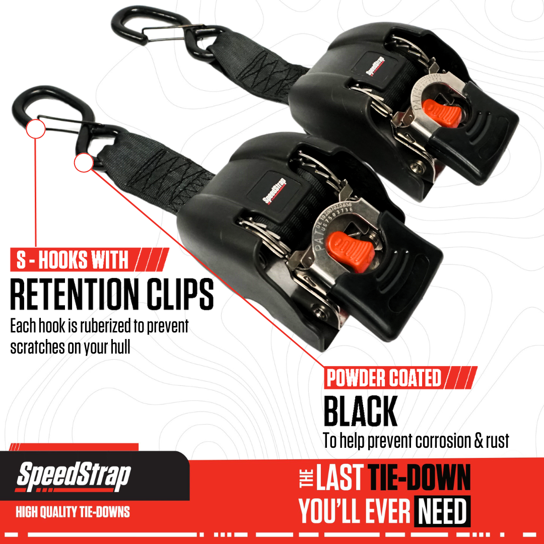 2” x 43” Stainless Steel Retractable Marine Transom Tie-Down Straps with Snap S-Hooks (2 Pack)