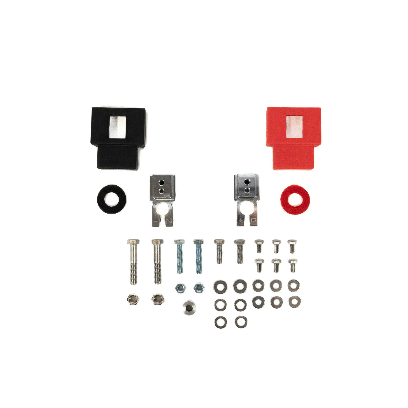 '07-17 Jeep Wrangler JK SDHQ Built Billet Battery Terminal Kit display of included parts and hardware