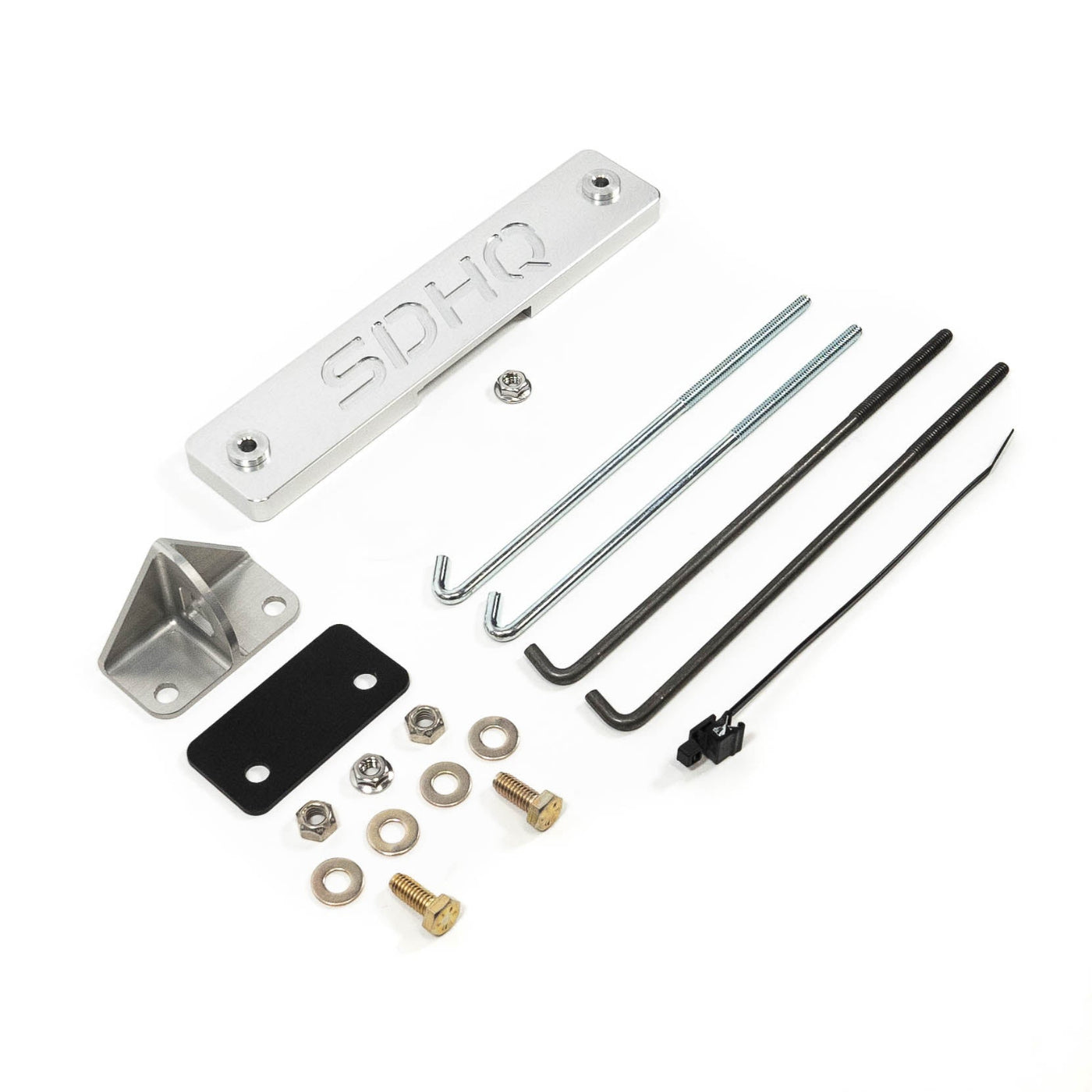 '08-21 Lexus LX570 SDHQ Built Billet Battery Hold Down Kit display of included parts and hardware