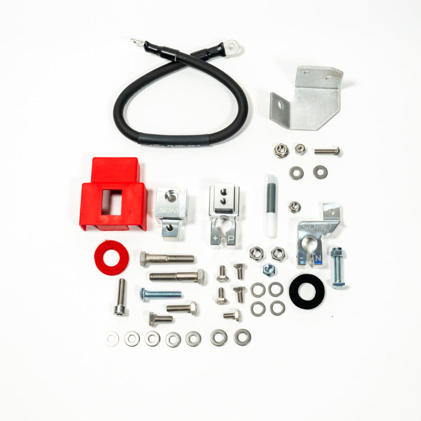 2019-2024 RAM 2500/3500 Complete Billet Single Battery Terminal and Distribution Kit display of included parts and hardware