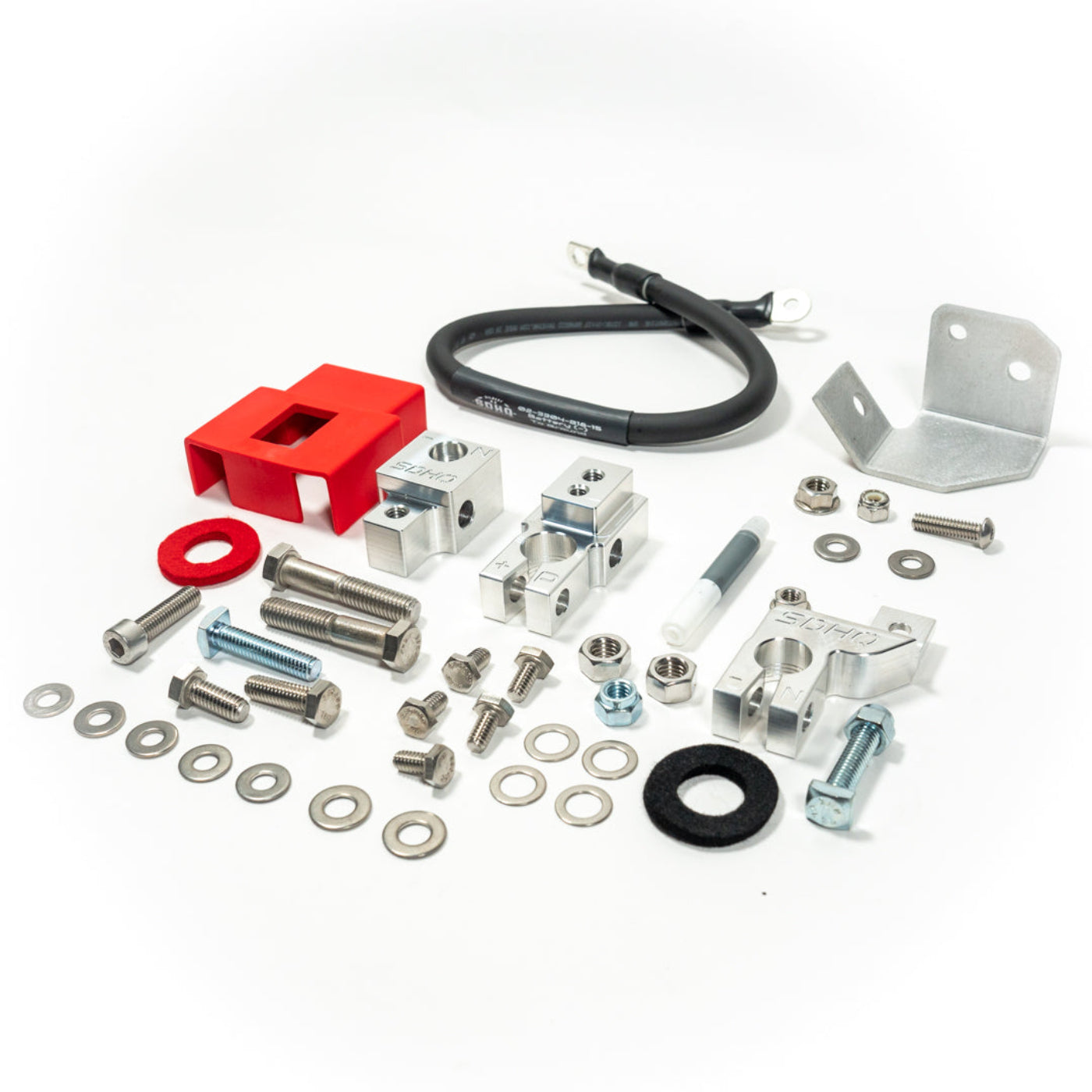 2019-2024 RAM 2500/3500 Complete Billet Single Battery Terminal and Distribution Kit display of included parts and hardware