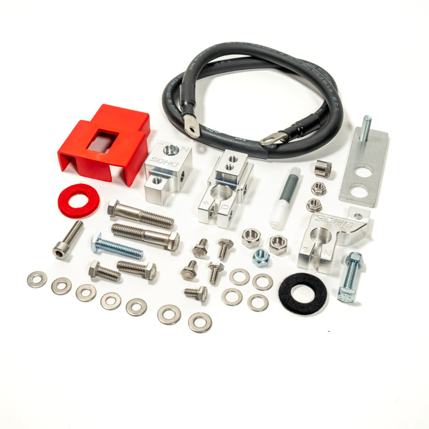 2025 Ram 1500 RHO SDHQ Built Billet Battery Terminal Kit display of included parts and hardware