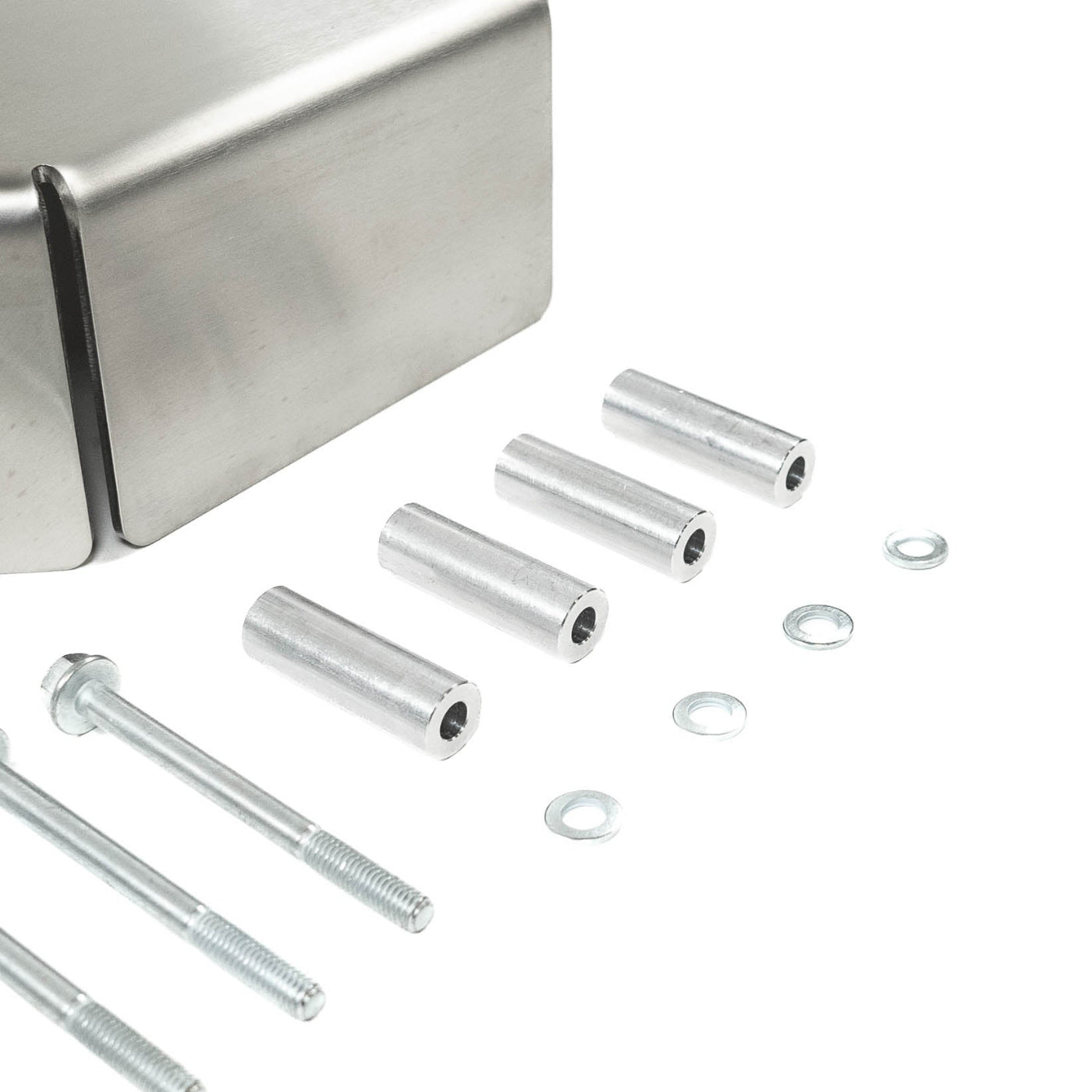 SDHQ Built 2024+ Ranger Raptor Active Suspension Module Guard display of included parts and hardware - close-up