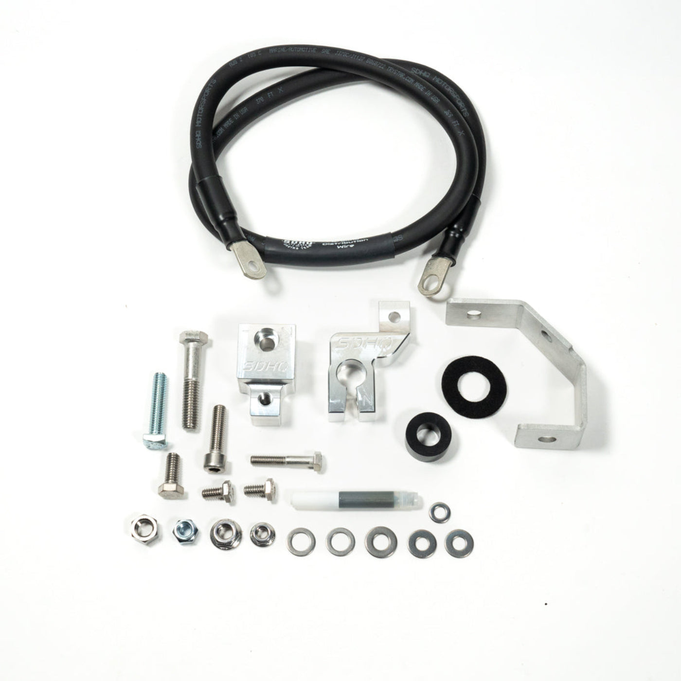 '19-23 SDHQ Built Ford Ranger Billet Battery Terminal and Distribution Kit display of included parts and hardware