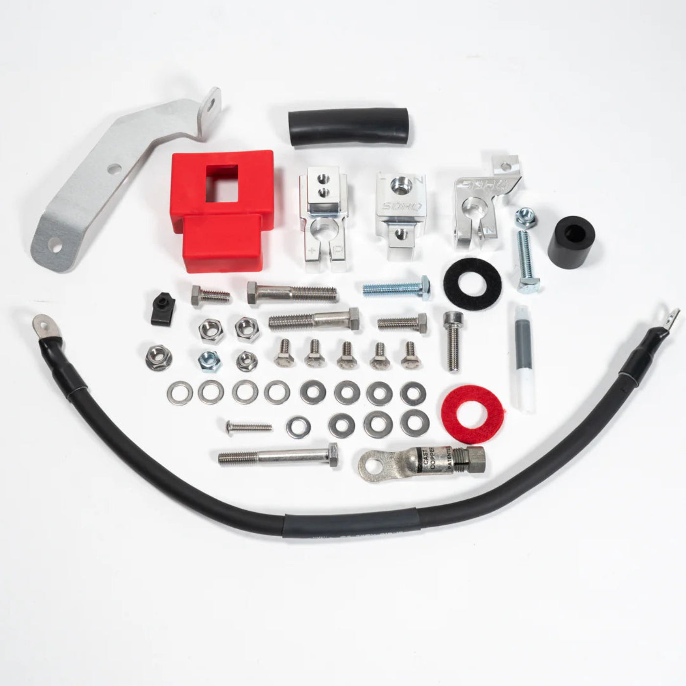 2023+ Ford Raptor R SDHQ Built Billet Battery Terminal Kit Display of included parts and hardware