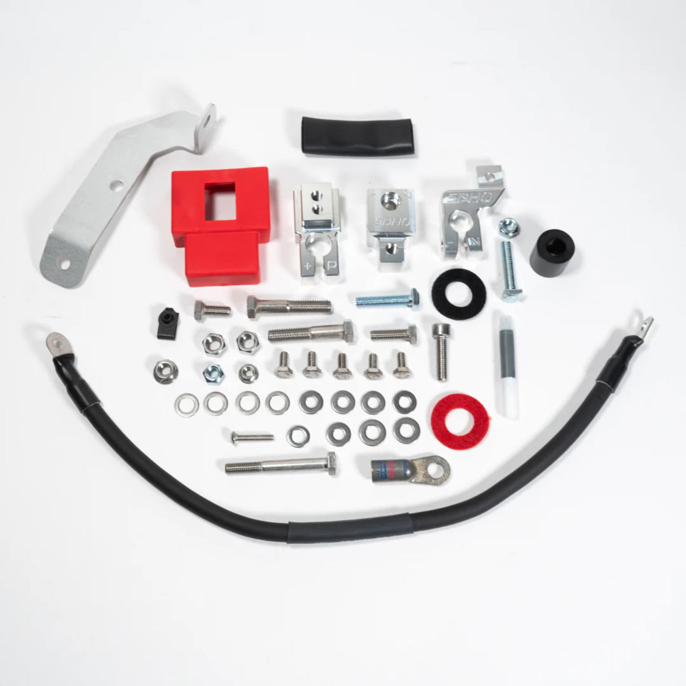 2023+ Ford Raptor R SDHQ Built Billet Battery Terminal Kit display of included parts and hardware