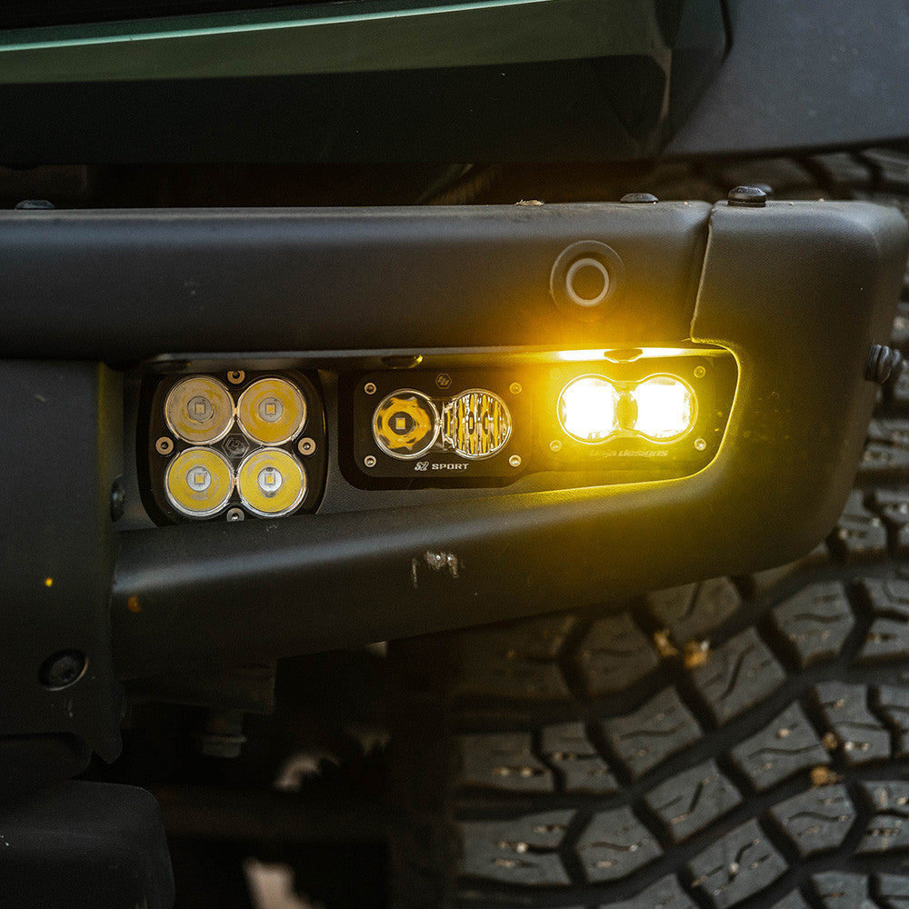 2021+ Ford Bronco S2 SAE “Sportsmen” Fog Pocket Light Kit Amber Upfitter Wiring close-up Display on Vehicle