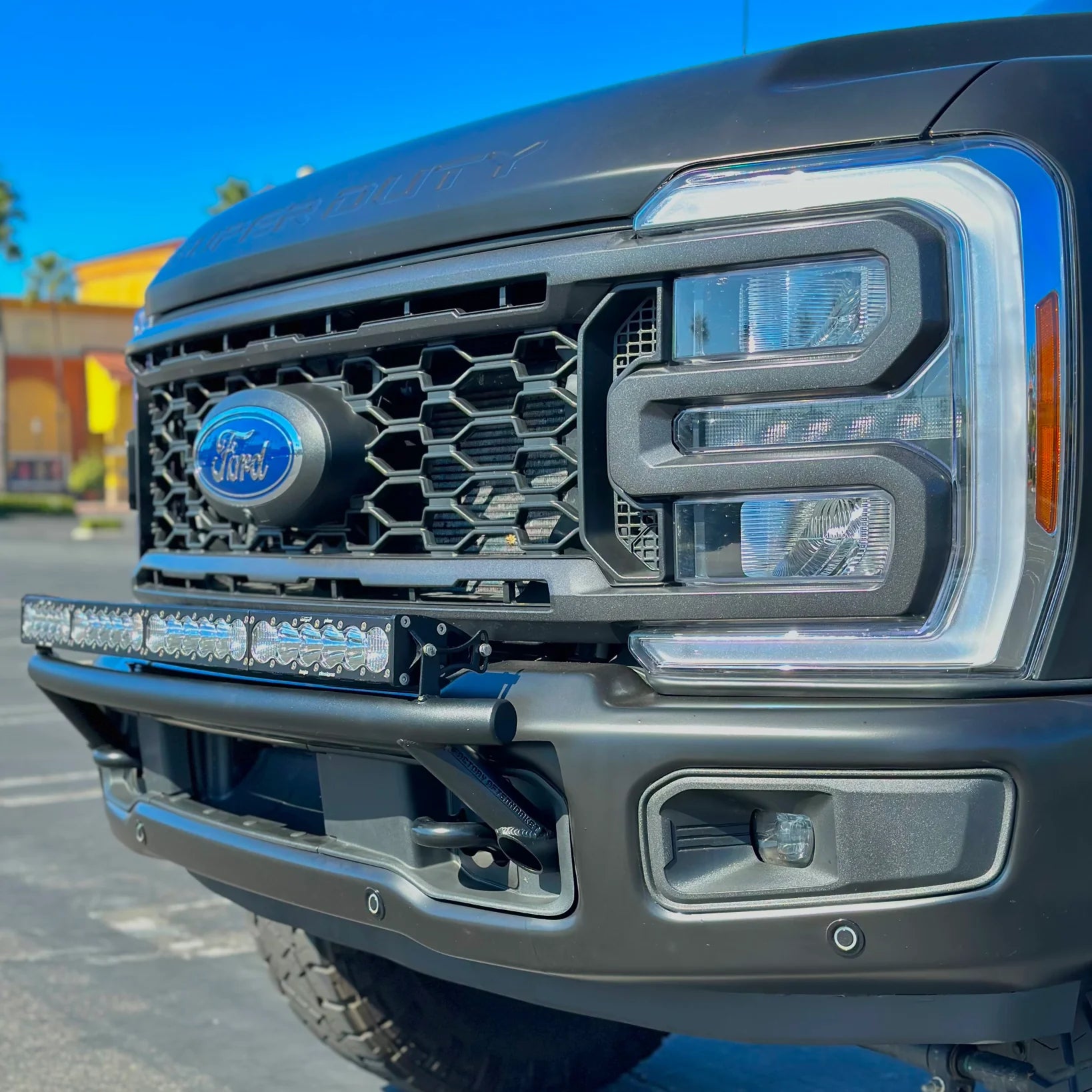 2017-2024 Ford Super Duty Light Mount "Low Pro" Series for 40" Baja Designs OnX6 Arc Light Bar Front View