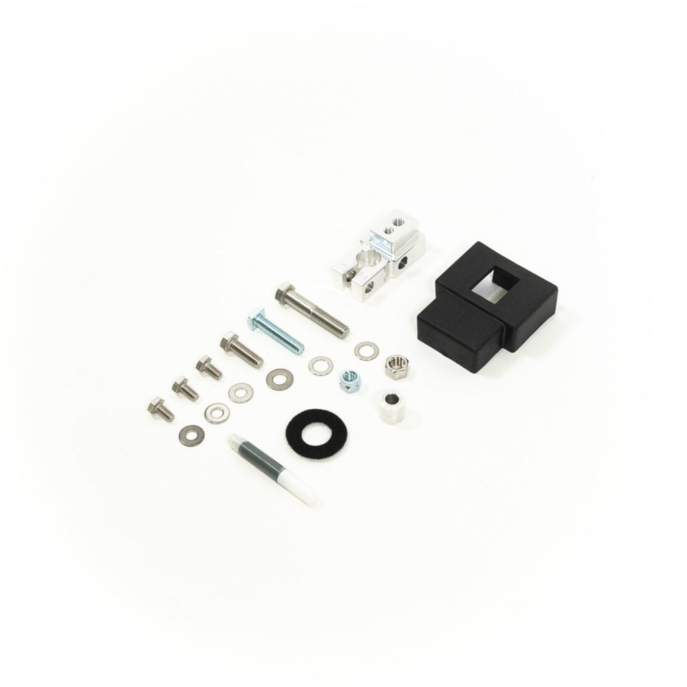 SDHQ Built Single Negative Billet Battery Terminal Kit display of included parts and hardware