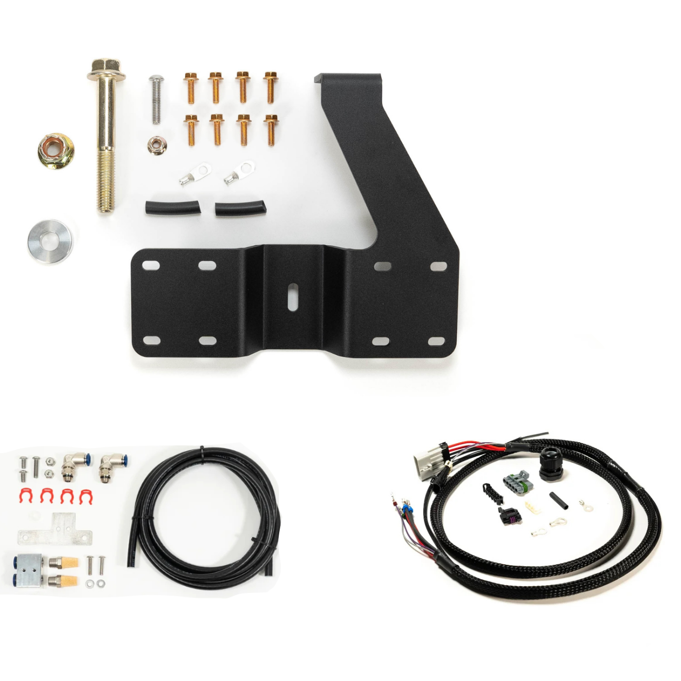 SDHQ Built '24 Tacoma Air Compressor Mount Kit display of included parts and hardware