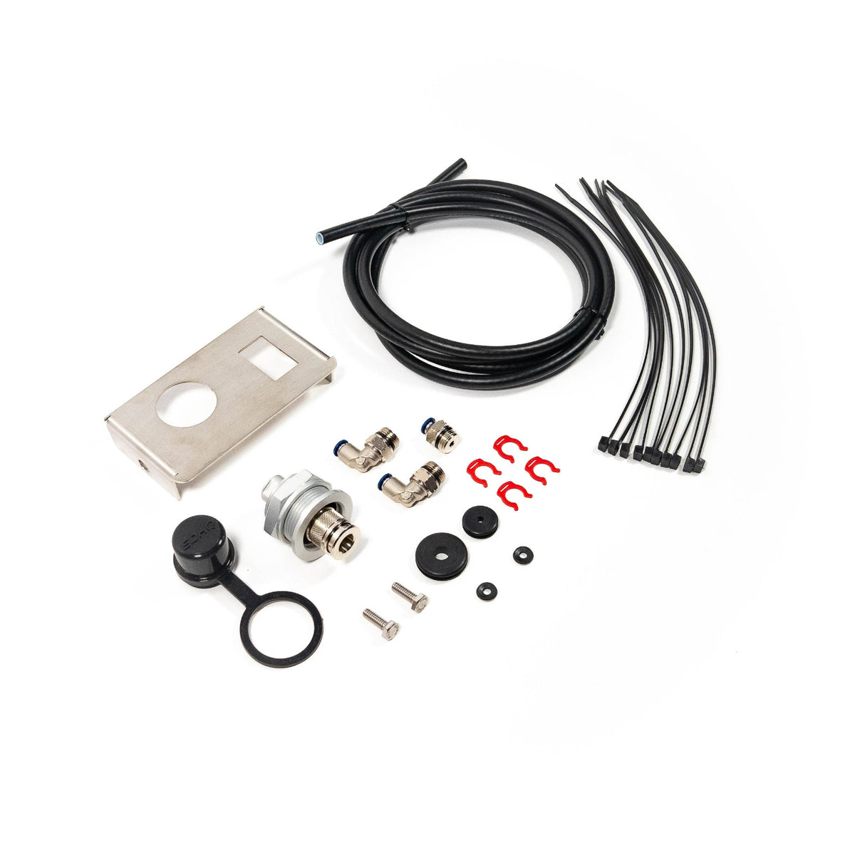 SDHQ Built '24 Tacoma Bed Power Port Air Chuck and Switch Mount Kit display of included parts and hardware