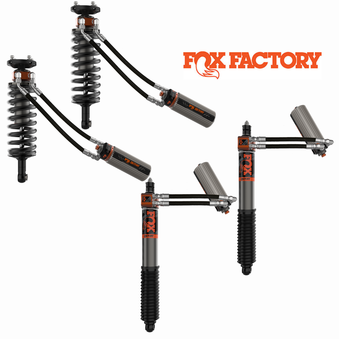 '22-24 Toyota Tundra FOX 3.0 FACTORY RACE RR Coilovers & Rear Shocks (1-2" Lift) w/ Upper Arms & Trailing Arm Combo Kit Display of Included Parts