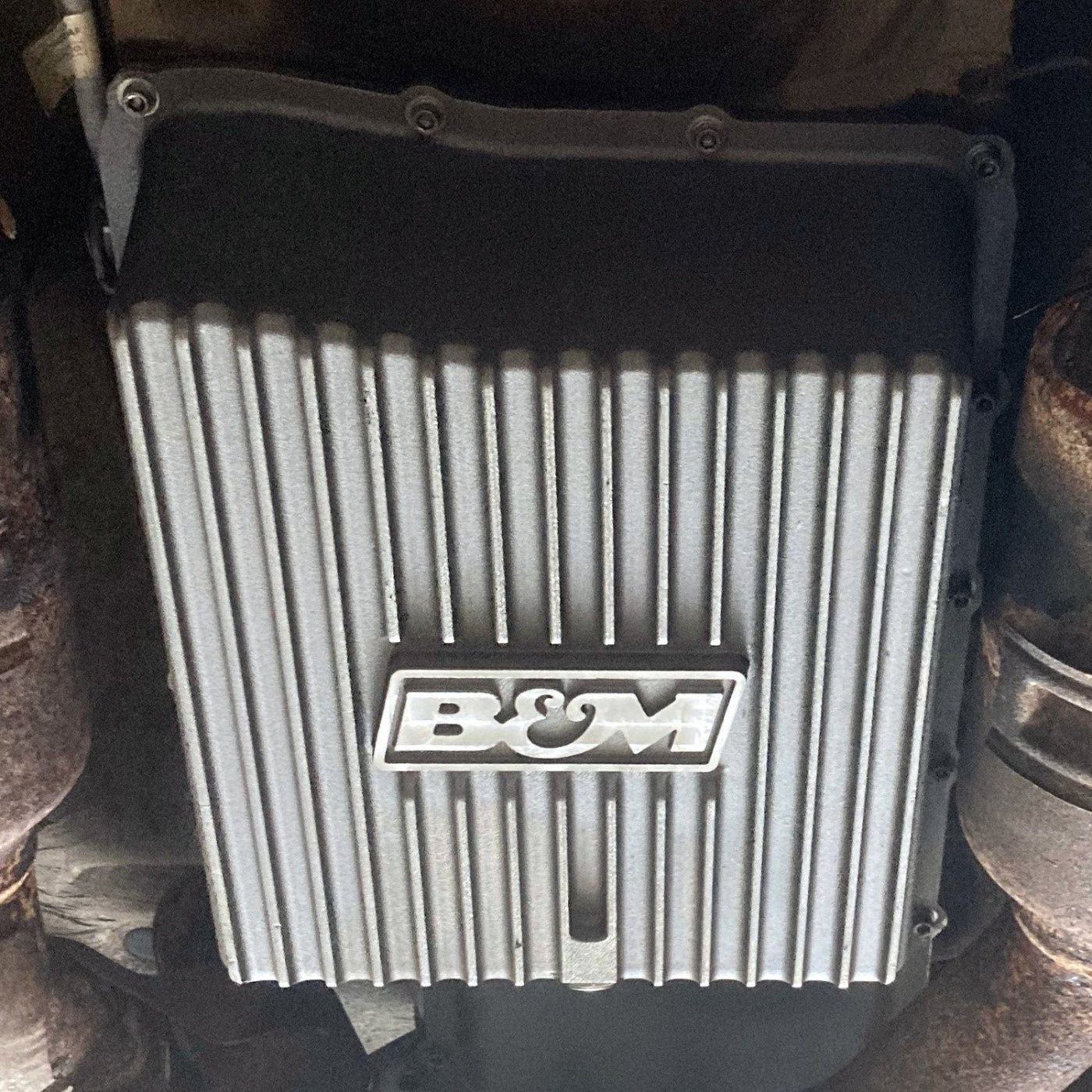 '11-21 Ford F250/F350 B&M HI-TEK Deep Transmission Pan Natural Drivetrain B&M display on Vehicle