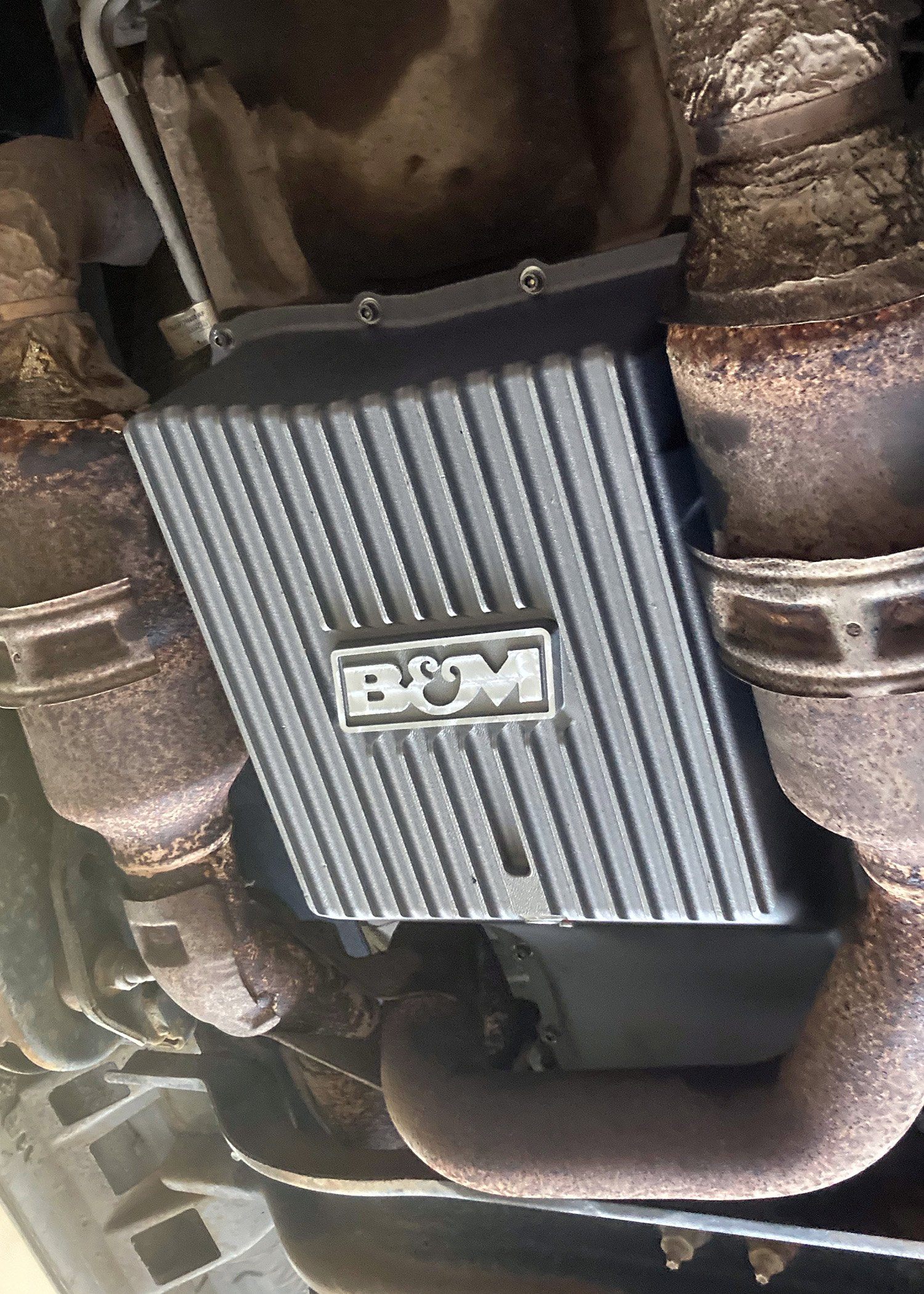 '11-21 Ford F250/F350 B&M HI-TEK Deep Transmission Pan Natural Drivetrain B&M display on Vehicle