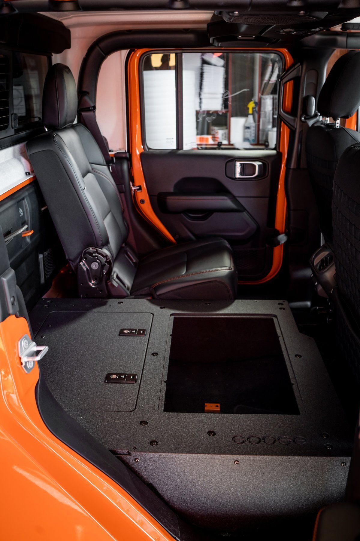 '19-23 Jeep JT 4 Door Goose Gear 2nd Row Seat Delete Plate System - High Platform Display in vehicle