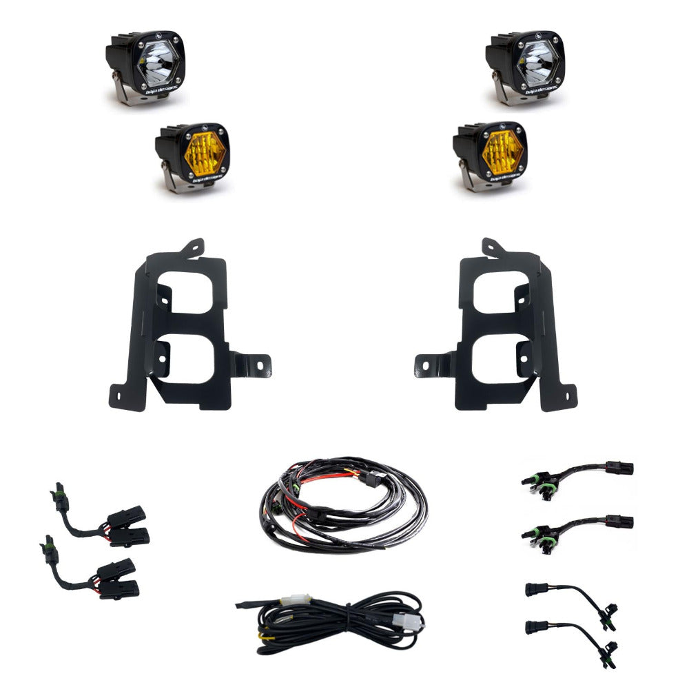 '20-22 Chevy/GMC 2500/3500 Baja Designs Dual S1 Fog Light Pocket Kit  Display of included Parts