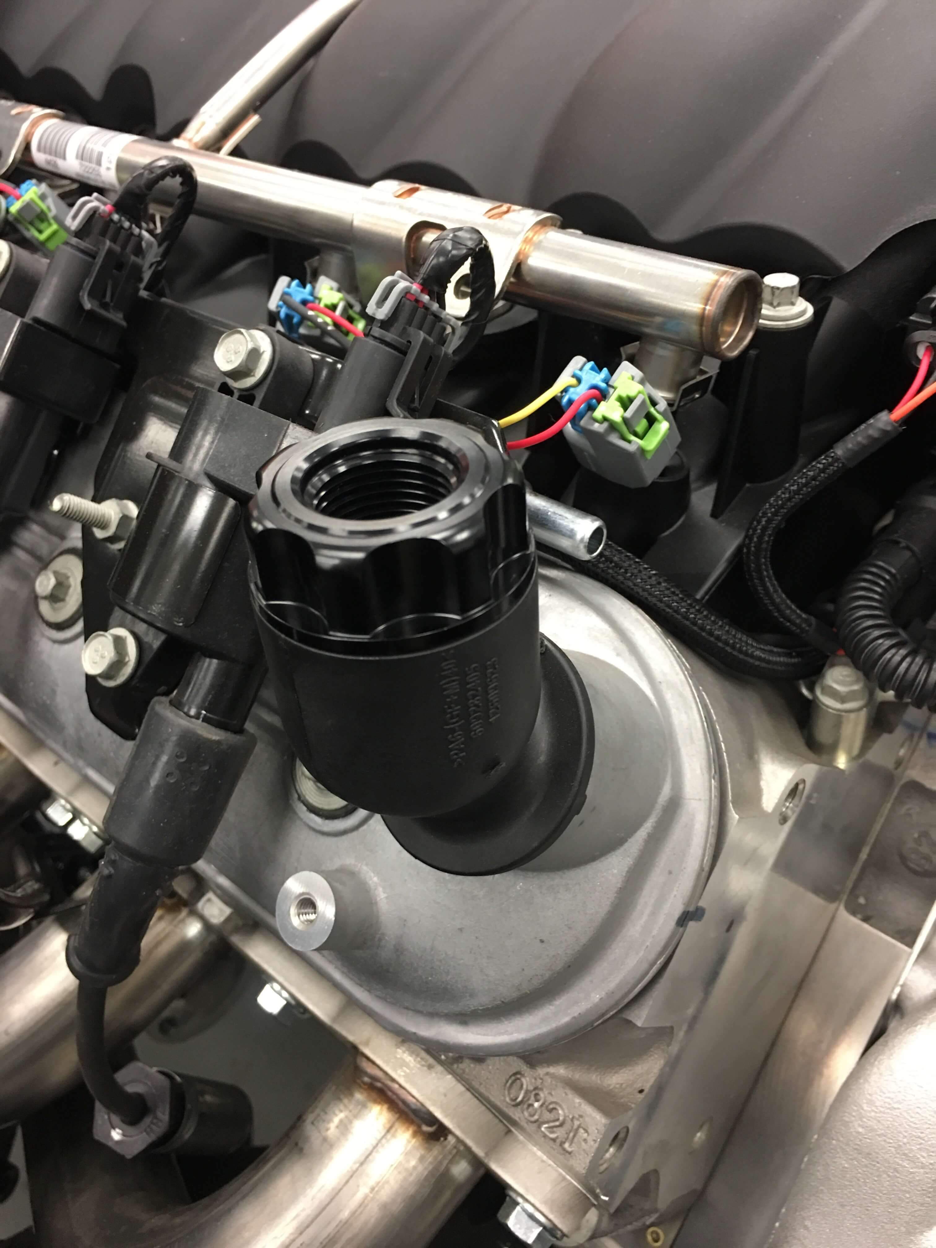 Earl's Oil Fill Cap w/ PVC Vent Close-up Display on Vehicle