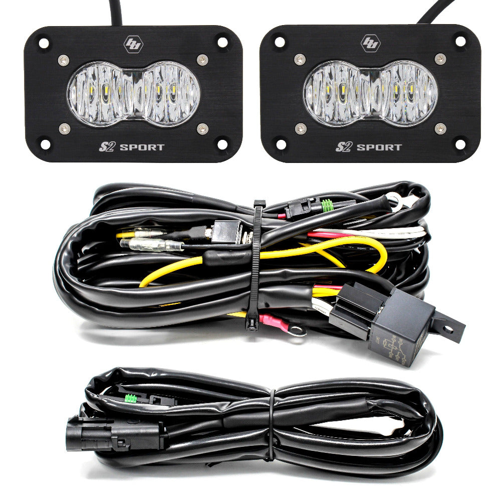 S2 Sport Flush Mount Backup LED Light Kit Lighting Baja Designs Wide Cornering Display of Included parts
