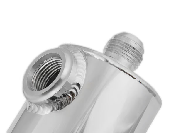 Earl's Polished w/ Billet Filter, Drain Valve, -12 AN O-Ring Port (inlet) & Mounting Brackets. 1/8" NPT on Drain Valve for Optional Remote Outlet Hose Front View Silver