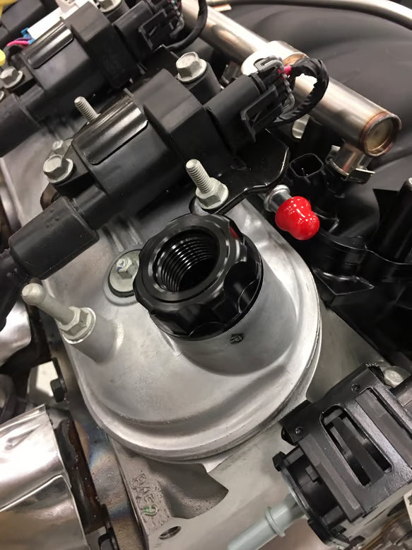Oil Fill Cap w/ Baffle & -10 ORB Port - Fits Factory Valve Covers - GM LS Series, GM Gen-V LT, and 2011-2017 Ford Coyote Engines (Gen 1 and Gen 2). Front View Black