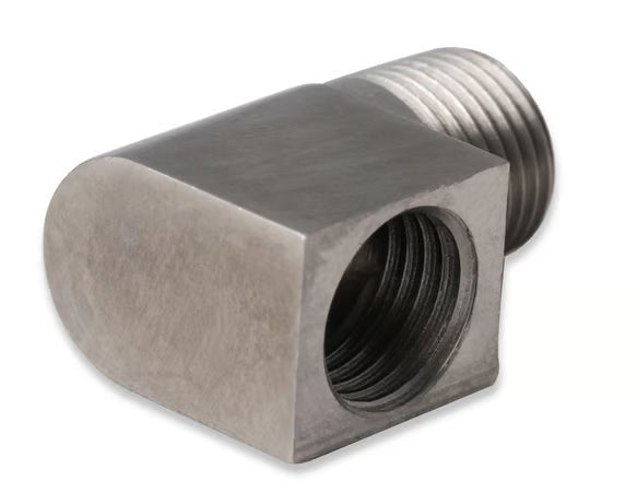 Earl's Hardline Adapter - 90 Degree Stainless Steel - 1/8" NPT Male to 3/8"-24 Inverted Flare Female. Front View Silver
