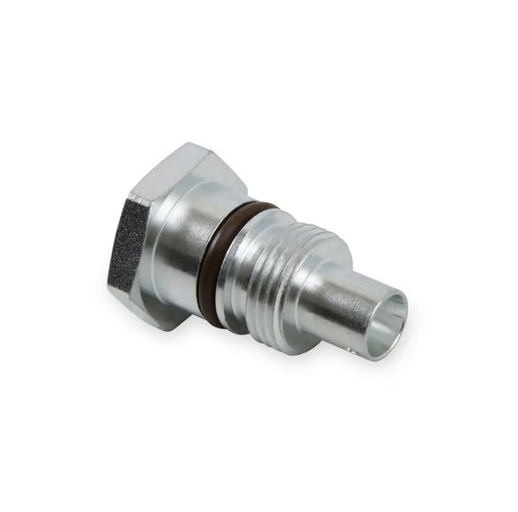 Earl's Remote Reservoir Adapter Kit for Saginaw Type II Power Steering Pumps Includes -10 AN Reservoir Fitting, Flow Valve, and Retaining Bracket Front View Silver