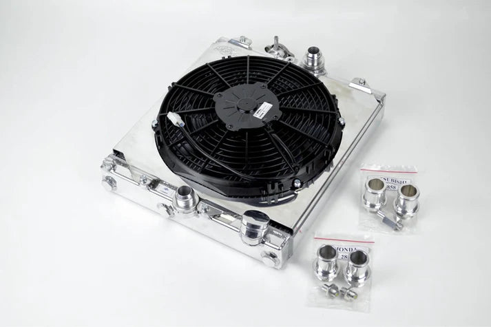 Universal Half Radiator - Evo 7/8/9 / 92-00 Civic - w/ SPAL Fan & Shroud Front View