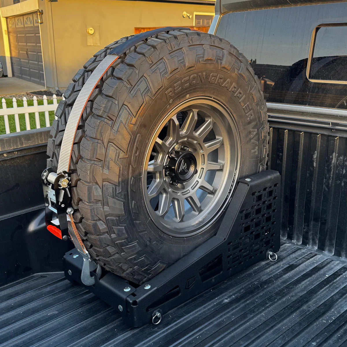 Tactical Series Bed-Mount Spare Tire Carrier Front View
