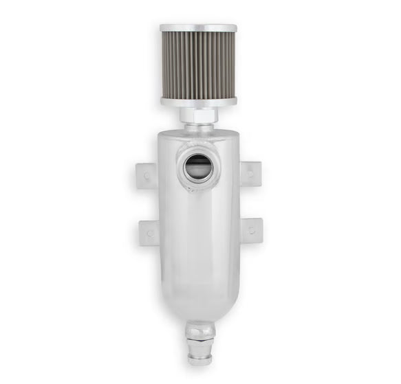 Earl's Polished w/ Billet Filter, Drain Valve, -12 AN O-Ring Port (inlet) & Mounting Brackets. 1/8" NPT on Drain Valve for Optional Remote Outlet Hose Front View Silver