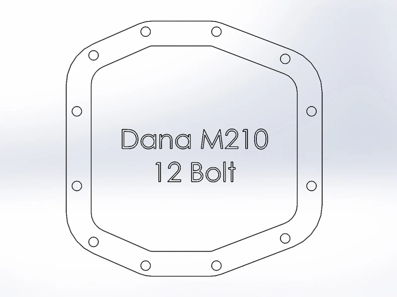 Outline of a Dana M210 12 Bolt differential cover on a light gray background