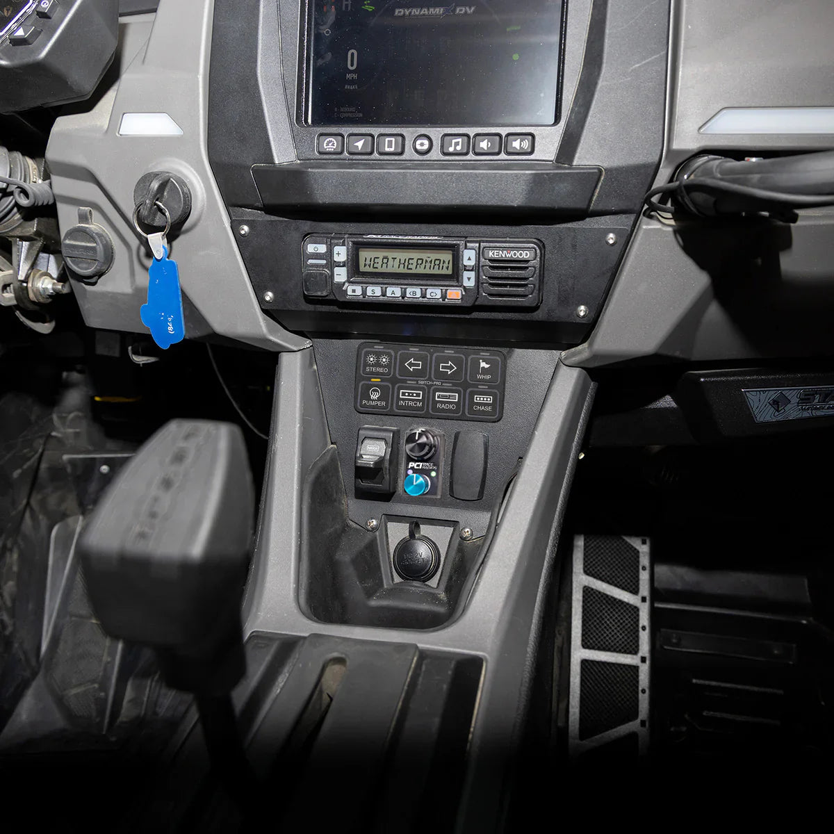 Polaris 2025 RZR Pro R Kenwood Radio and Rocker Intercom with Switch Pros VERTICAL Bracket Front View