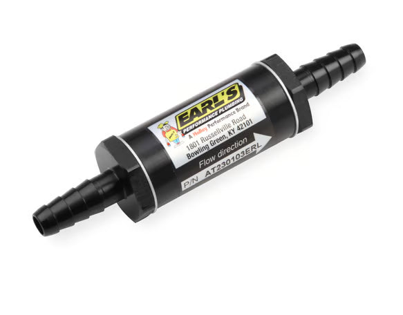 Earl's Fuel Filter w/ Sintered Bronze Element - 35 Micron - 5/16" - 3/8" Hose Barb Inlet & Outlet Front View Black