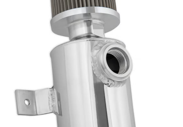 Earl's Polished w/ Billet Filter, Drain Valve, -12 AN O-Ring Port (inlet) & Mounting Brackets. 1/8" NPT on Drain Valve for Optional Remote Outlet Hose Front View Silver